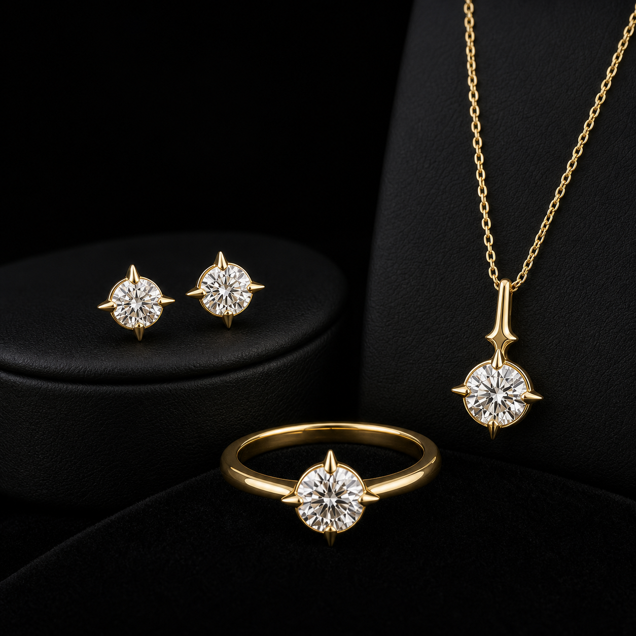 Polaris complete set concept: solitaire ring, matching star-prong stud earrings and pendant necklace in yellow gold