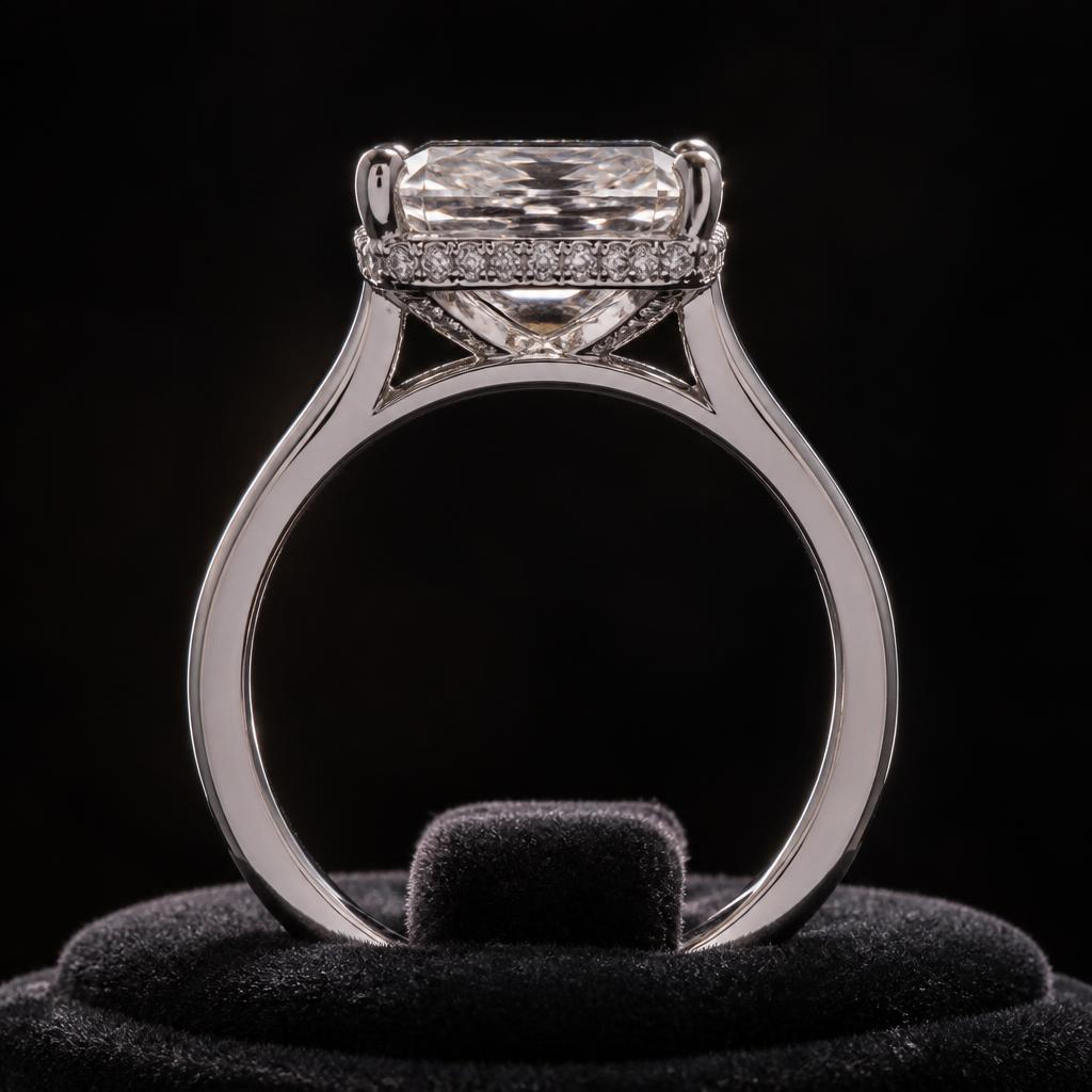 Vela Radiant Hidden Halo — Profile view, 1.50ct / Radiant / Platinum 950 / Hidden Halo