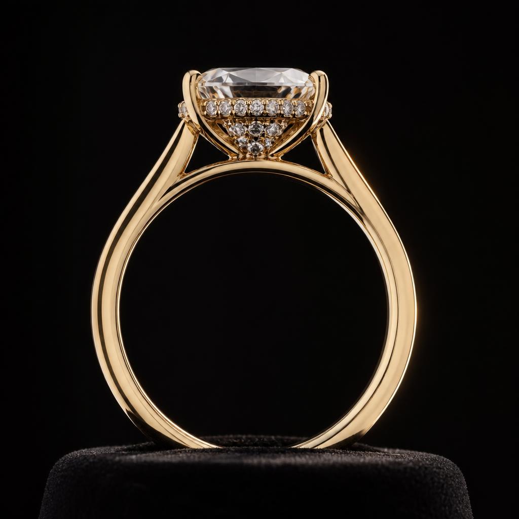 Astra Oval Hidden Halo — Profile view, 1.50ct / Oval / 18ct Yellow Gold / Hidden Halo