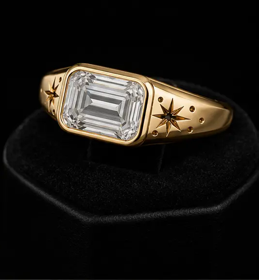 Vega — East-West Emerald Astral Bezel — Three-quarter