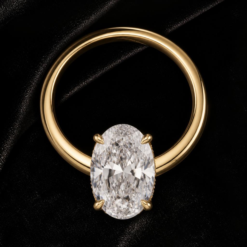 Astra Oval Hidden Halo — Top view, 1.50ct / Oval / 18ct Yellow Gold / Hidden Halo