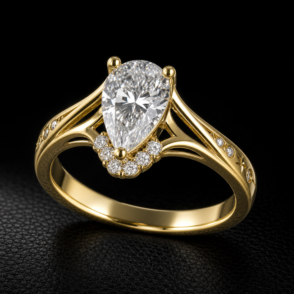 Lyra — Pear Hidden Halo Meteor Band — approved design render, three-quarter view